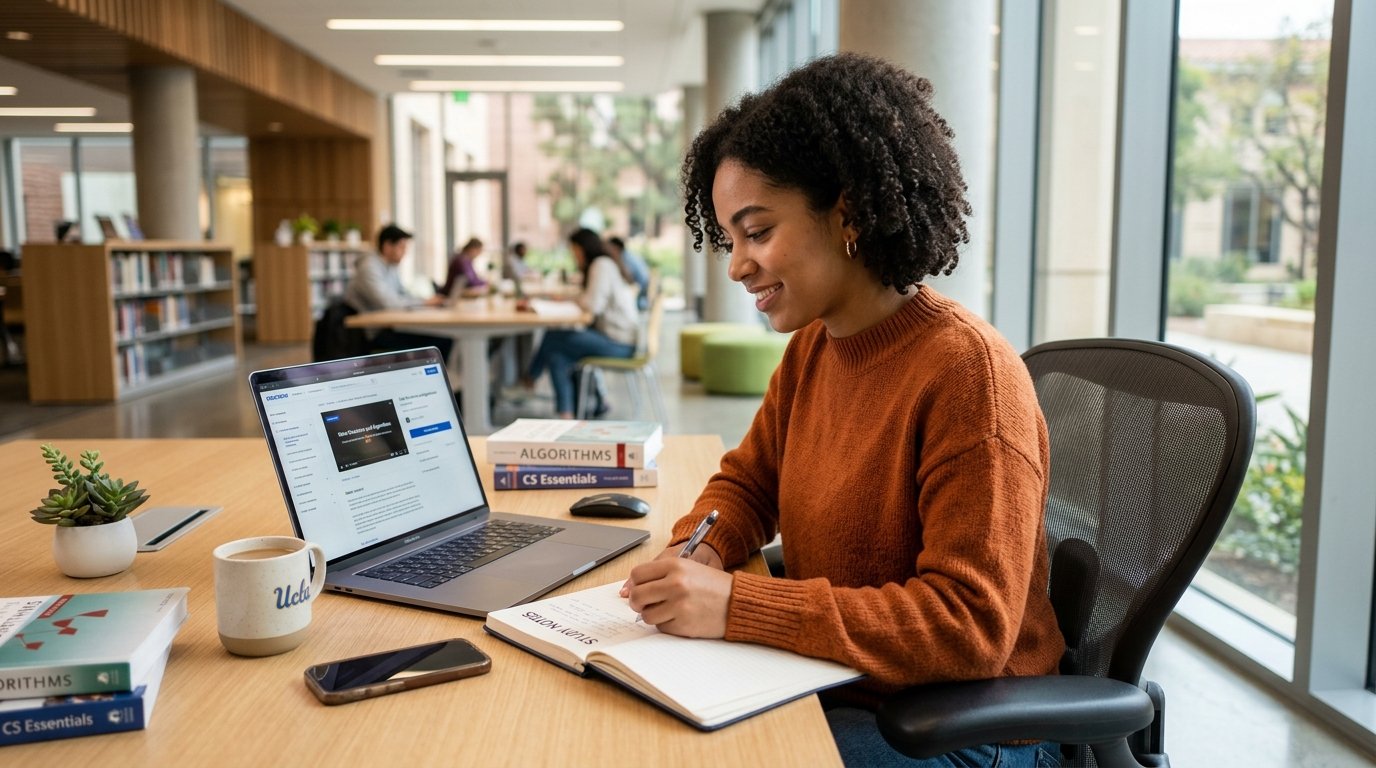Student studying free online courses on laptop